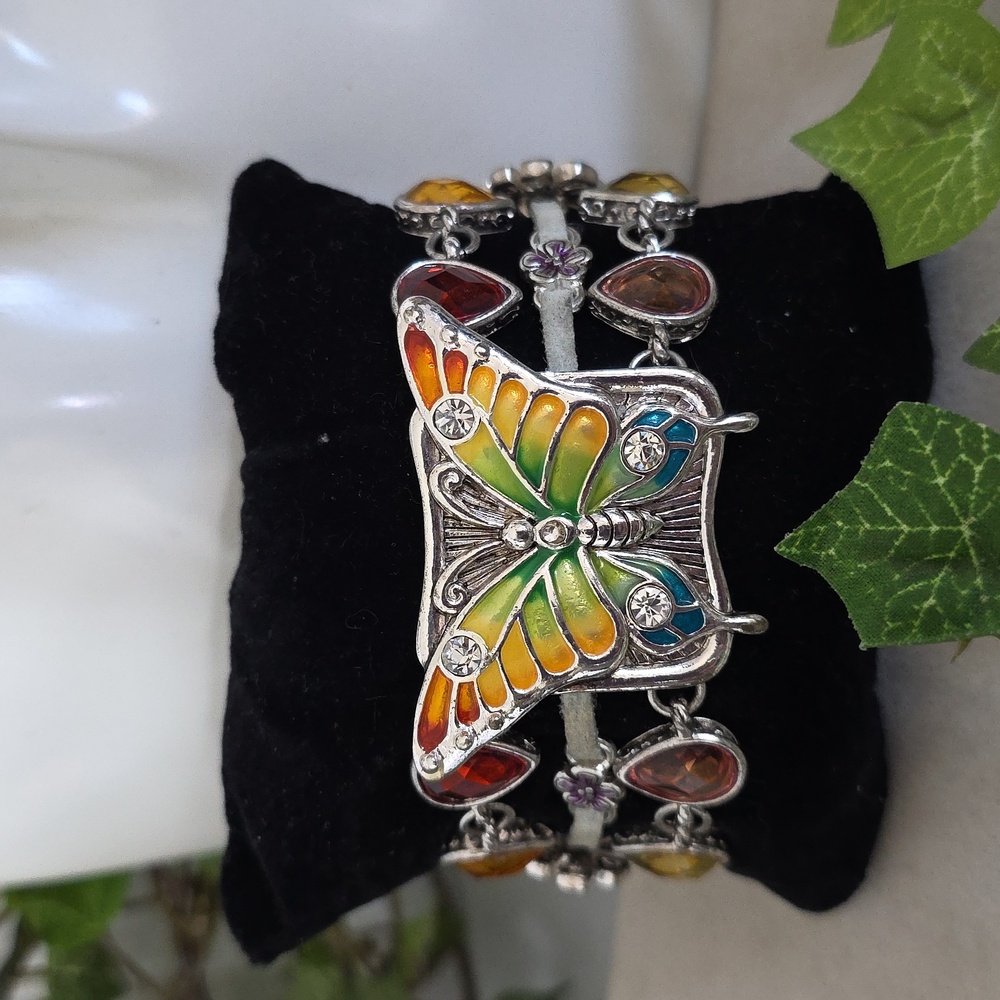 Silver Bohemian Enamel Butterfly and Flower Bracelet Magnetic Clasp